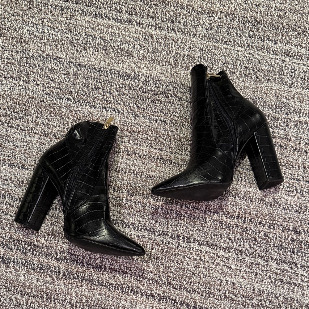 Black Croc-Embossed Ankle Boots